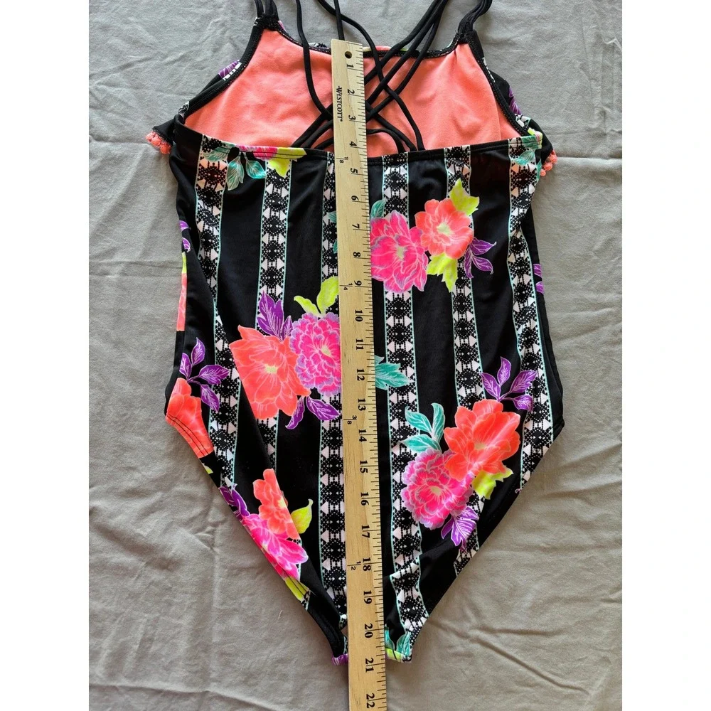 Wonder Nation Girls Floral Stripe One Piece Swimsuit Pom Pom Ruffle Black 10-12